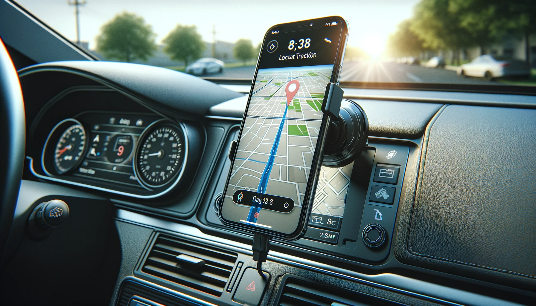 location tracking app interface on a smartphone mounted on a car dashboard.
