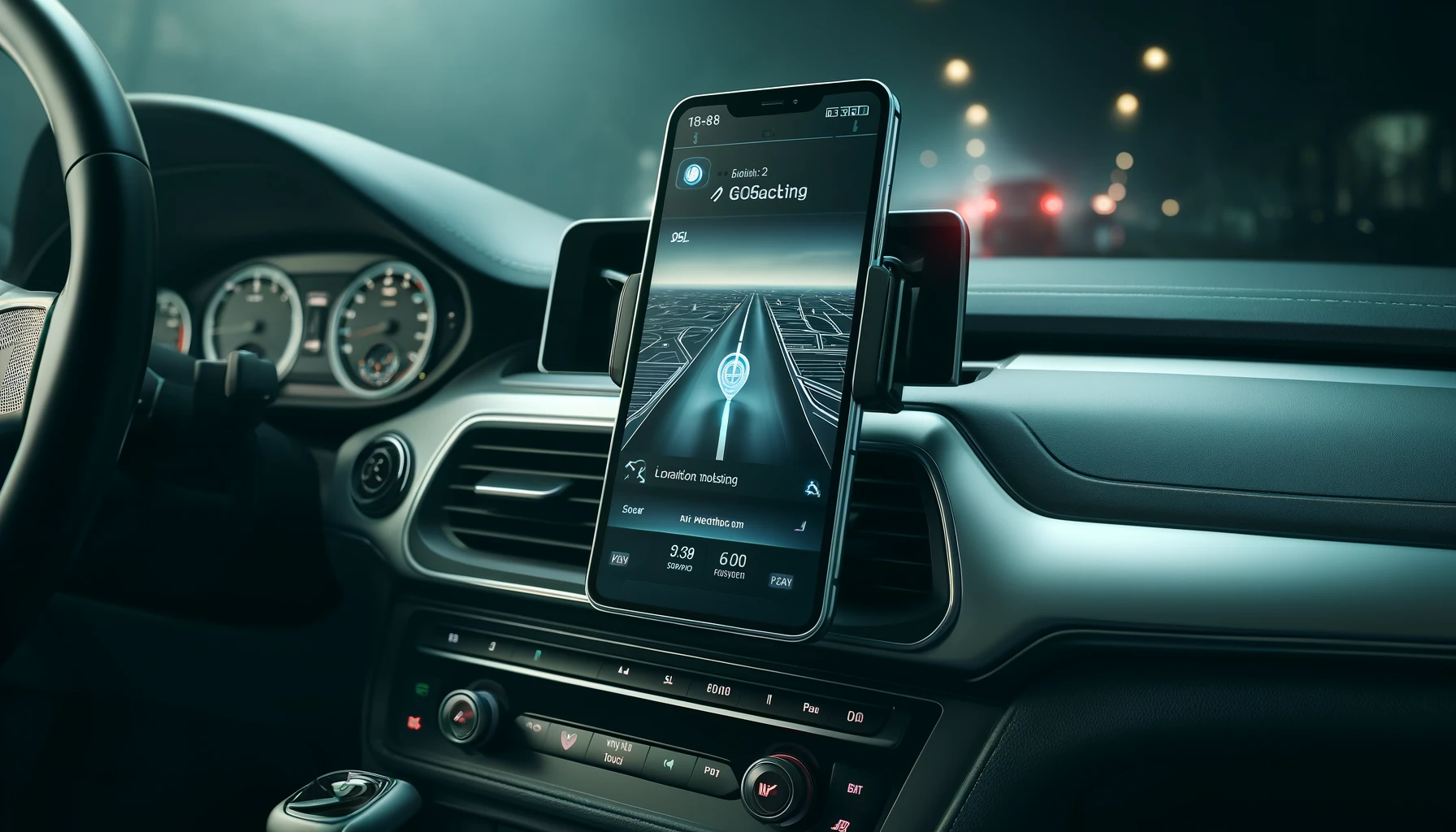 a modern car dashboard with a smartphone displaying a location tracking app interface.