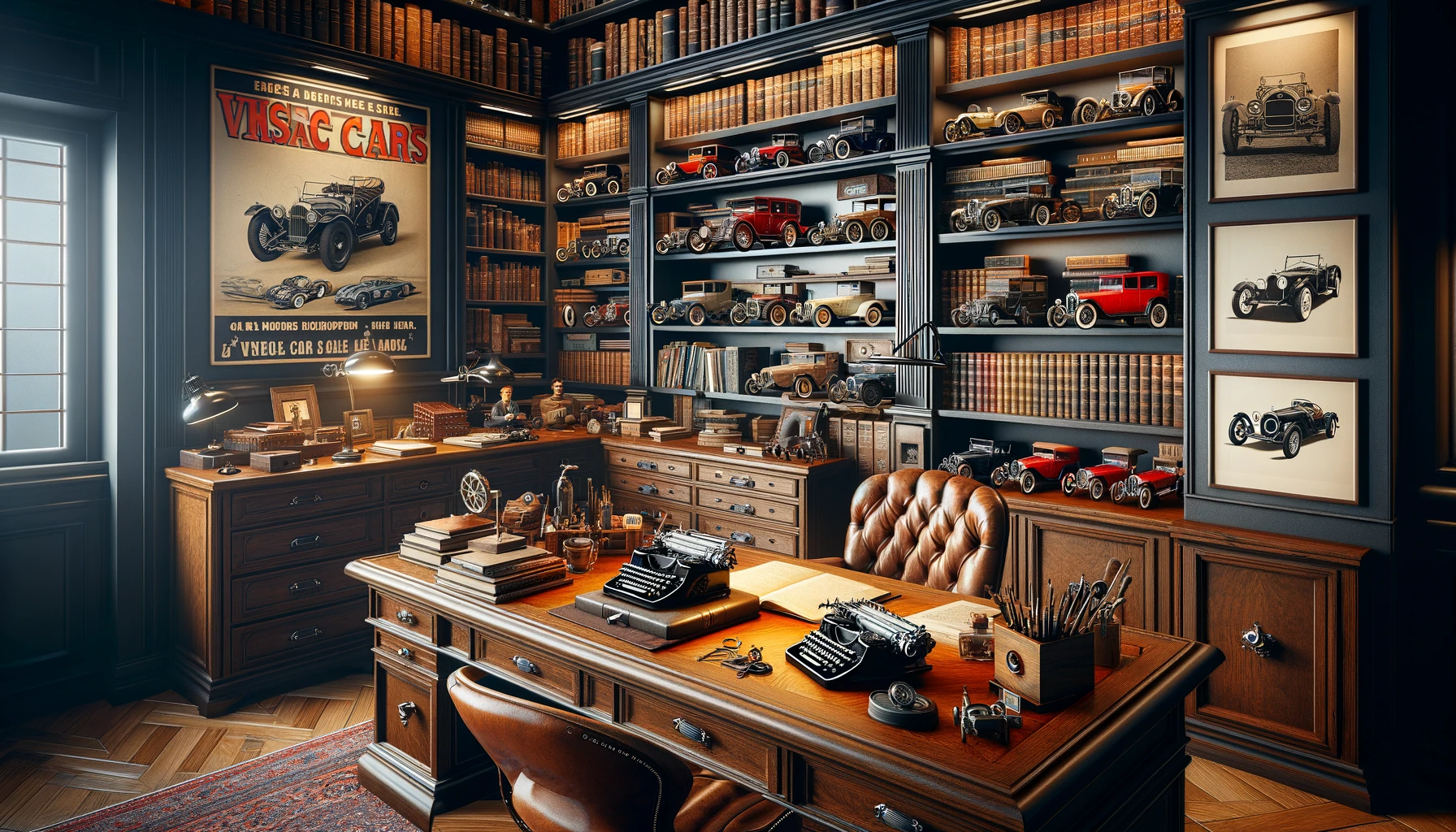 a car enthusiast's library or study room, filled with vintage car collectibles and literature