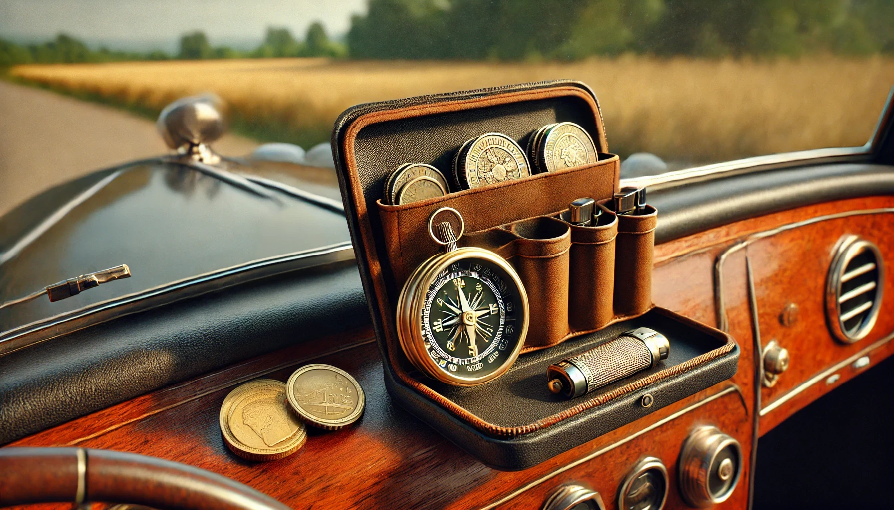 A close-up of a retro car dashboard showing a leather organizer with antique coins neatly placed inside, a brass compass attached to the dashboard, and a vintage lighter with engraved details.