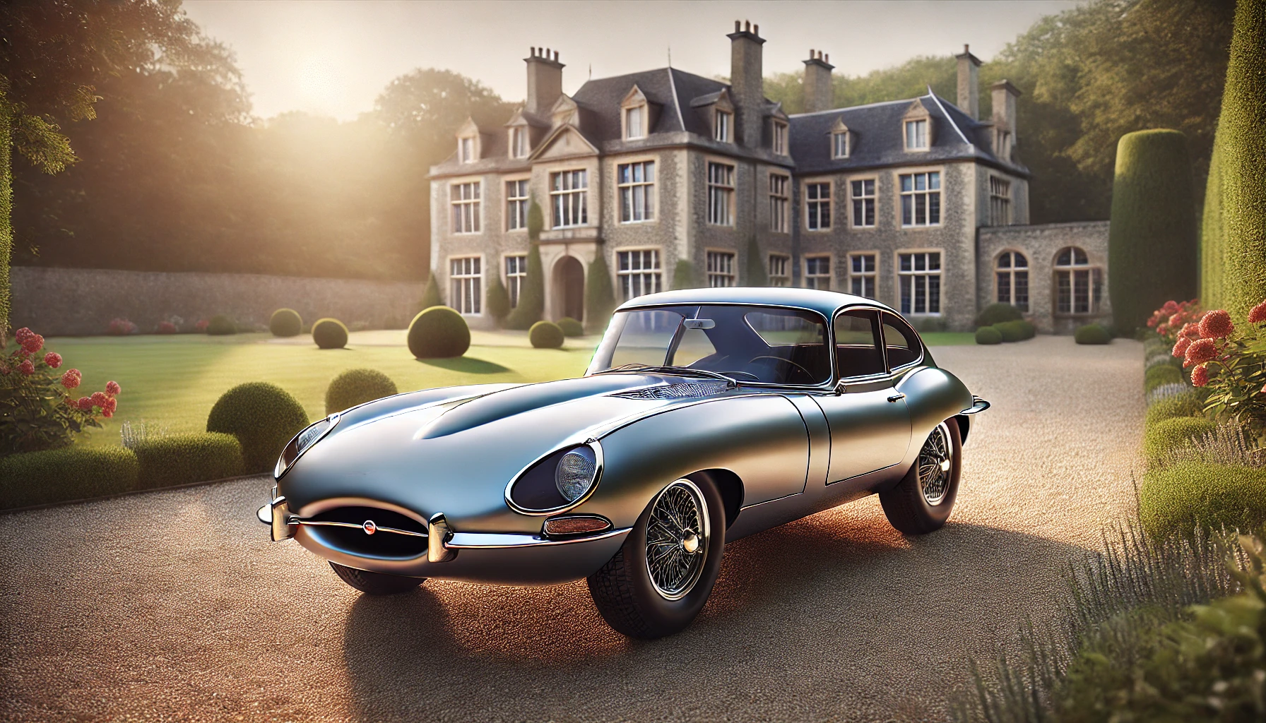 a Jaguar E-Type vintage car, showcasing its long, sleek bonnet and curvaceous design, parked in front of a luxurious countryside estate.