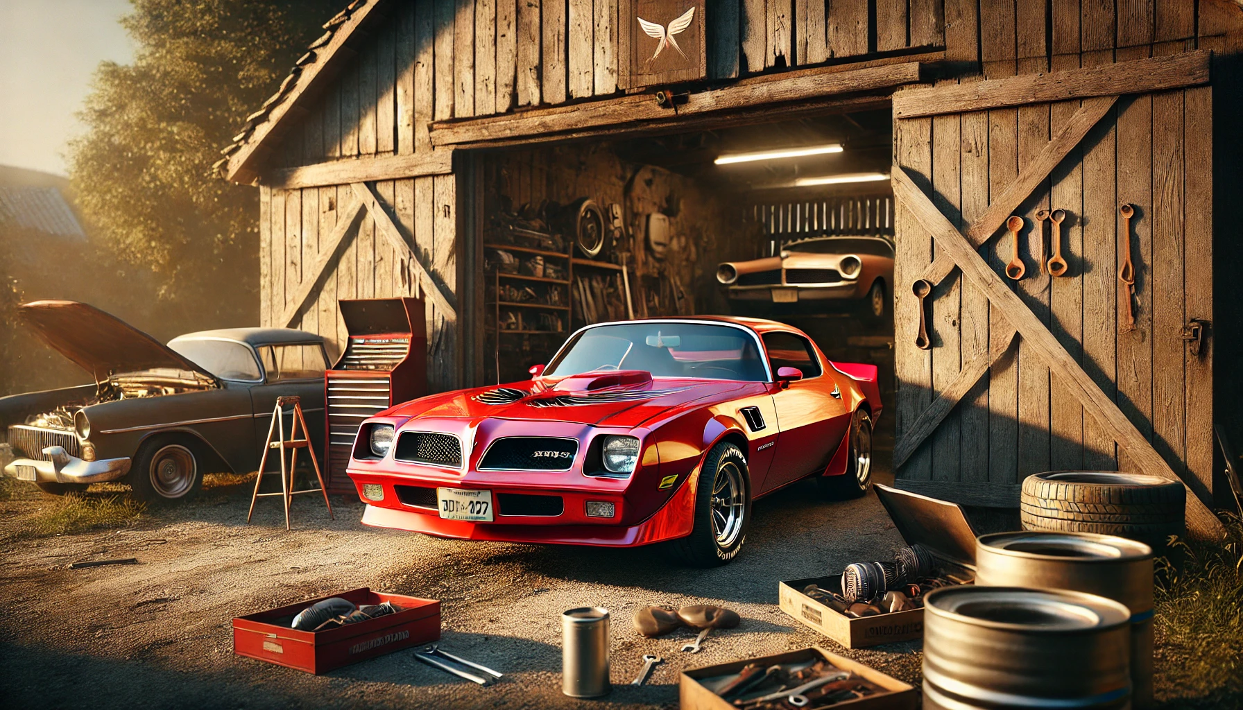 a restored Pontiac Firebird Trans Am parked outside a rustic barn. The car has a vibrant red finish with chrome accents and is surrounded by tools and vintage car parts, hinting at the restoration process.