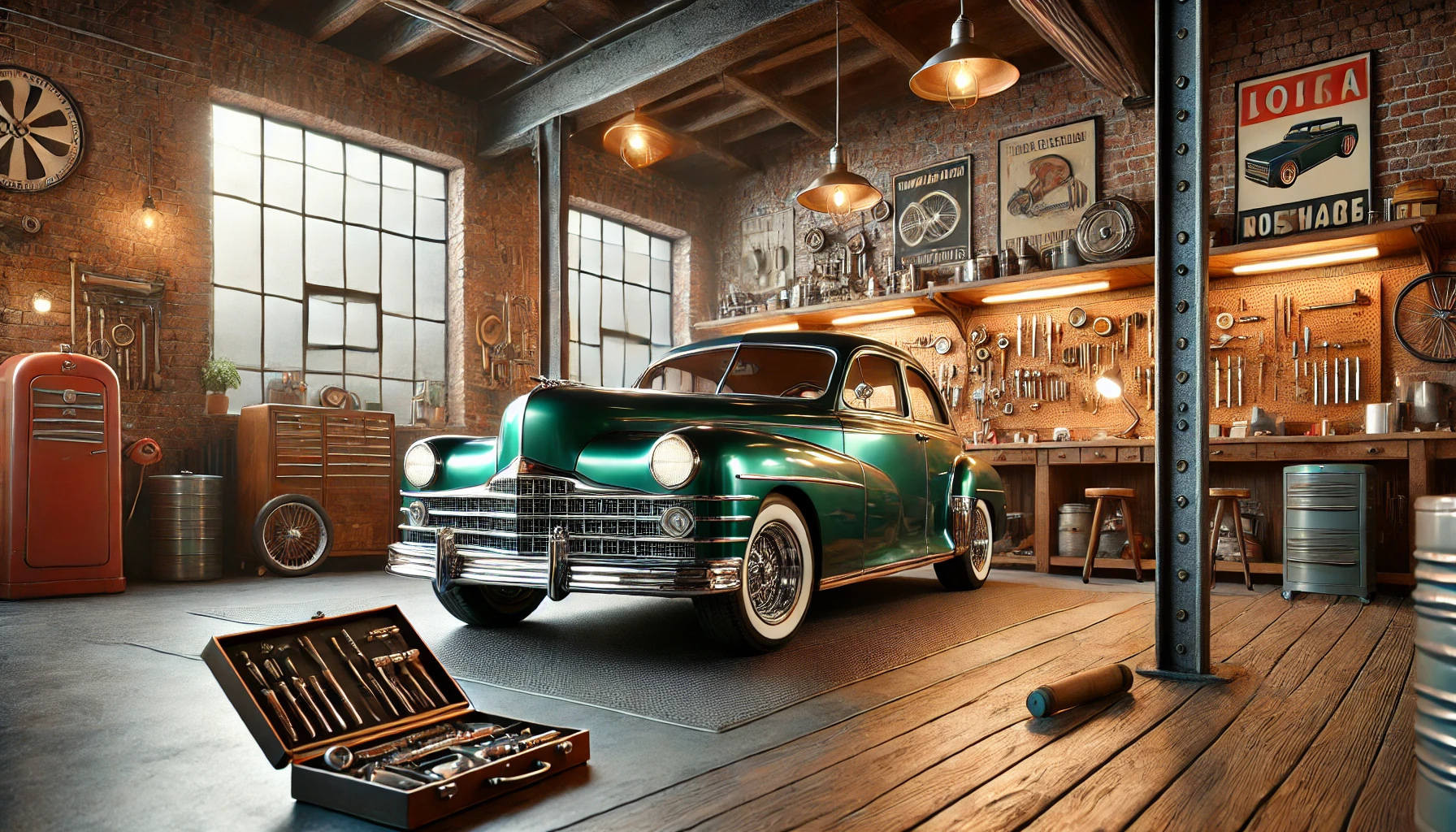 a vintage car in a stylish retro-modern garage or workshop.
