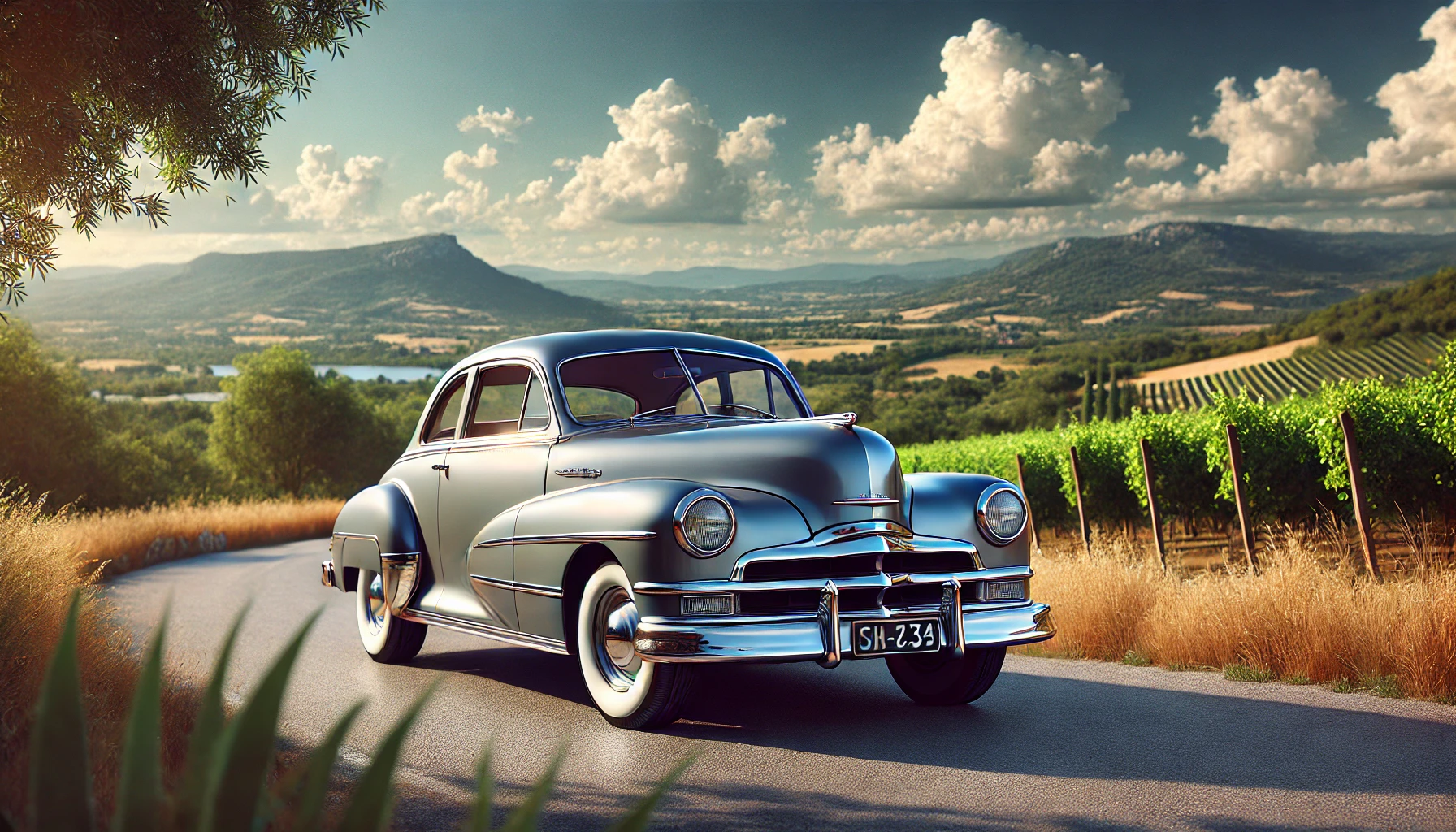 A classic vintage car, polished to a shine with chrome detailing and white-wall tires, is parked on a scenic road surrounded by lush greenery and a picturesque landscape under a clear blue sky.