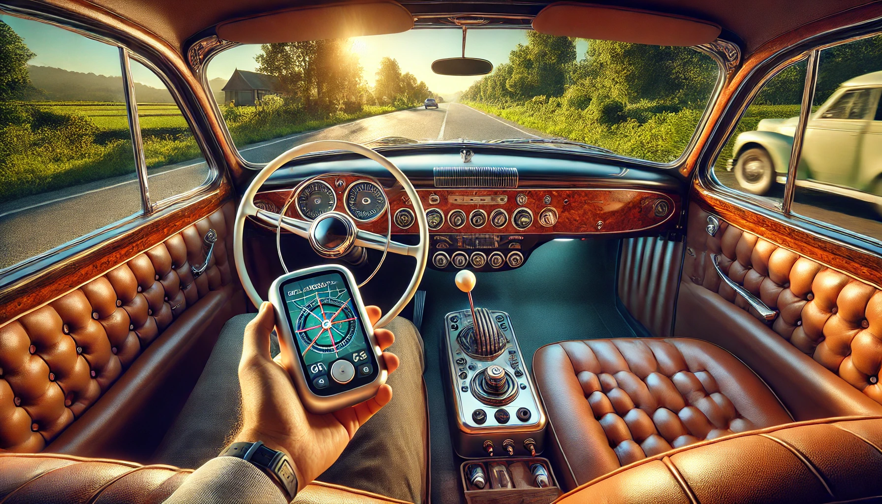 A person sits in the driver's seat of a vintage car, featuring a wooden dashboard, chrome detailing, and leather seats, using a modern GPS tracker, with lush greenery visible through the windows.