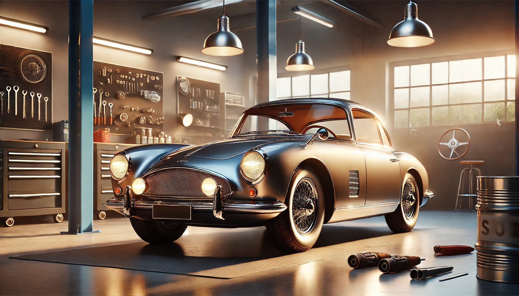 a beautifully restored vintage car from the 1960s, parked in a modern garage. The car, a classic with a shiny, polished finish, sits under soft, warm lighting that highlights its elegant curves and chrome details.
