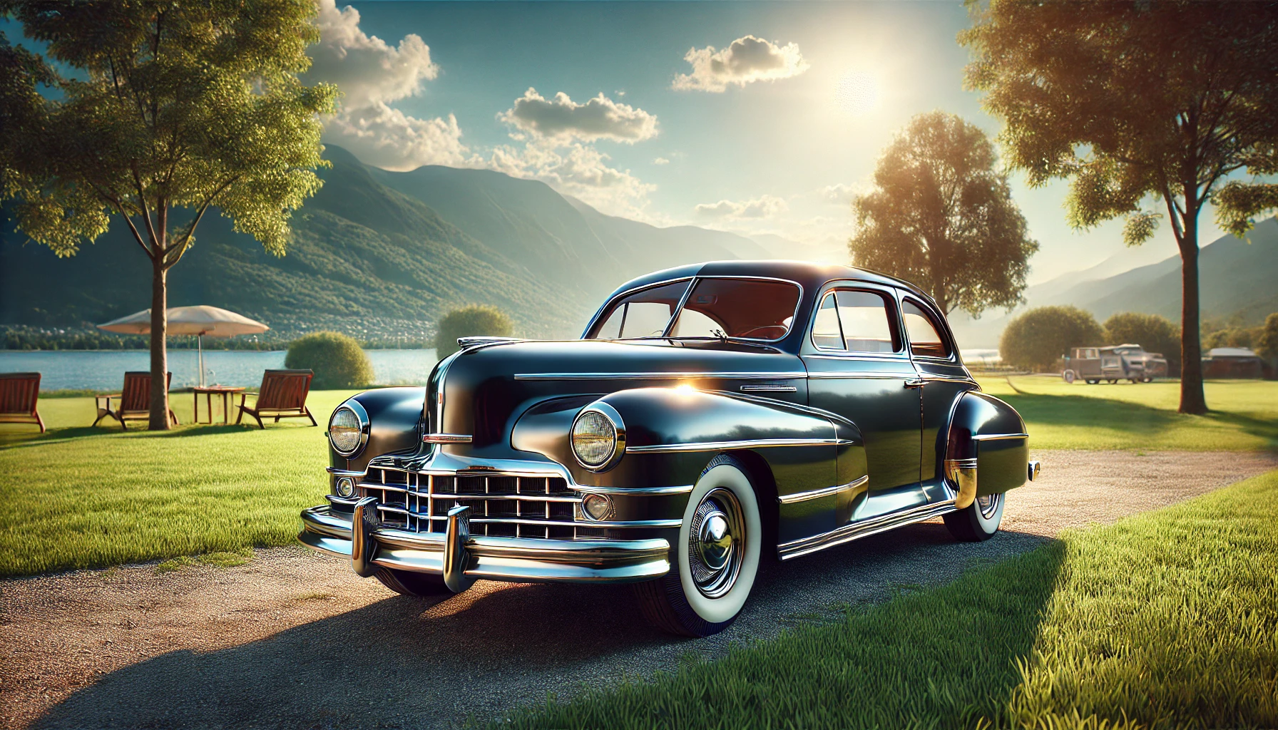 a classic vintage car, parked outdoors on a sunny day. The car is a beautifully restored model from the 1950s, featuring a sleek, shiny body with chrome accents.