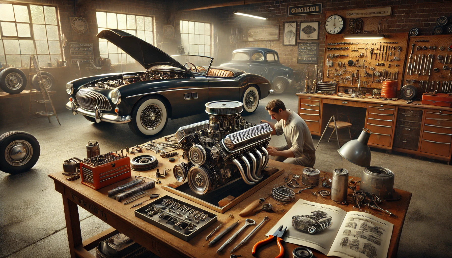 a classic car restoration workshop. The workshop is well-lit, showing a beautifully restored vintage car on one side and a disassembled retro car being worked on by a mechanic on the other side.