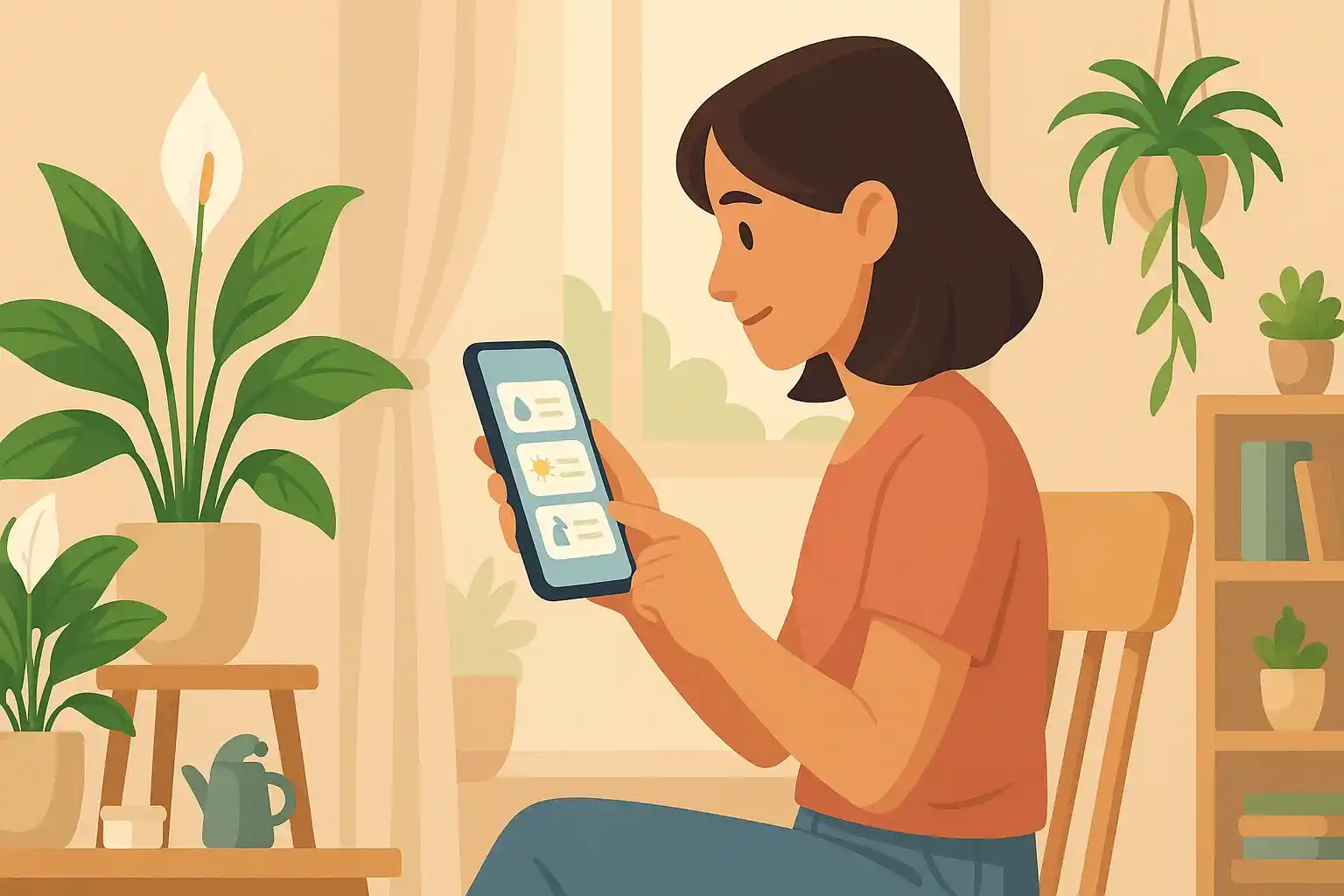 A woman checks care reminders for her Peace Lily.
