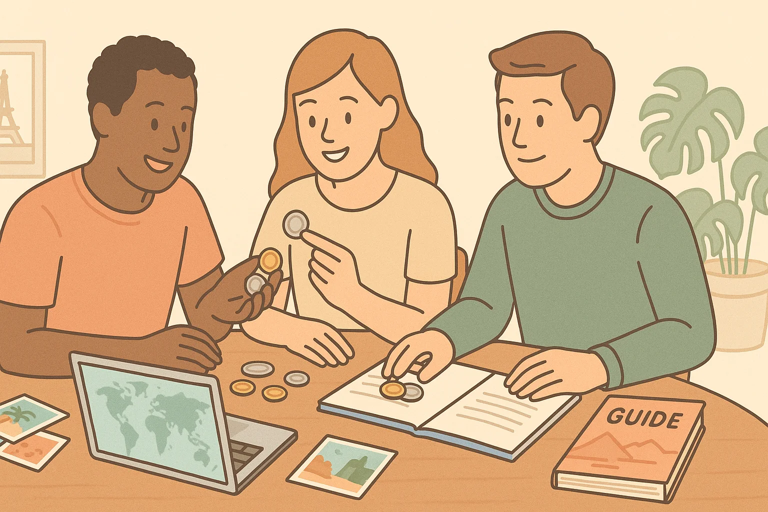 A group of friends exchanges coins from trips.