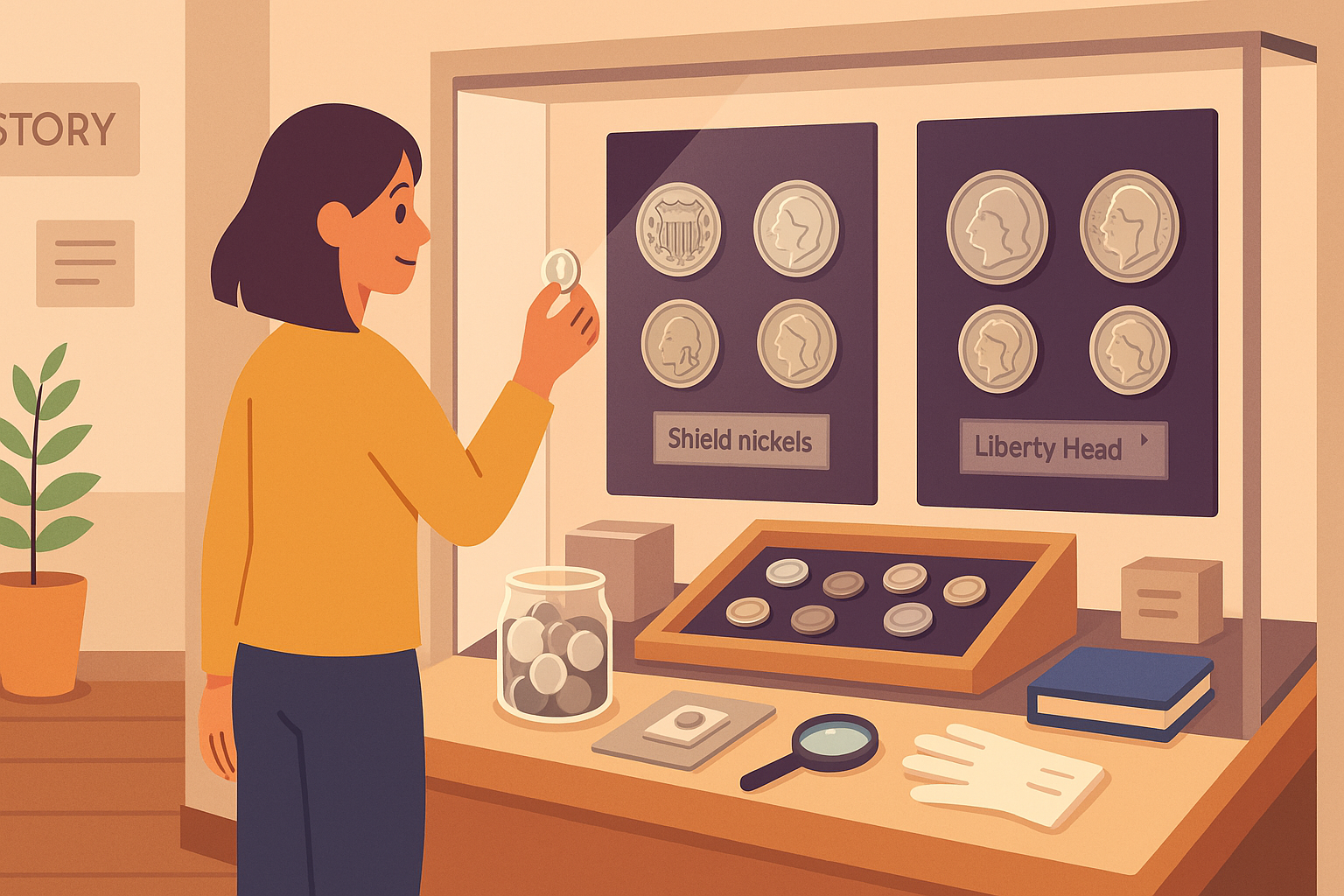 A woman in a museum observes the exhibition of nickels.