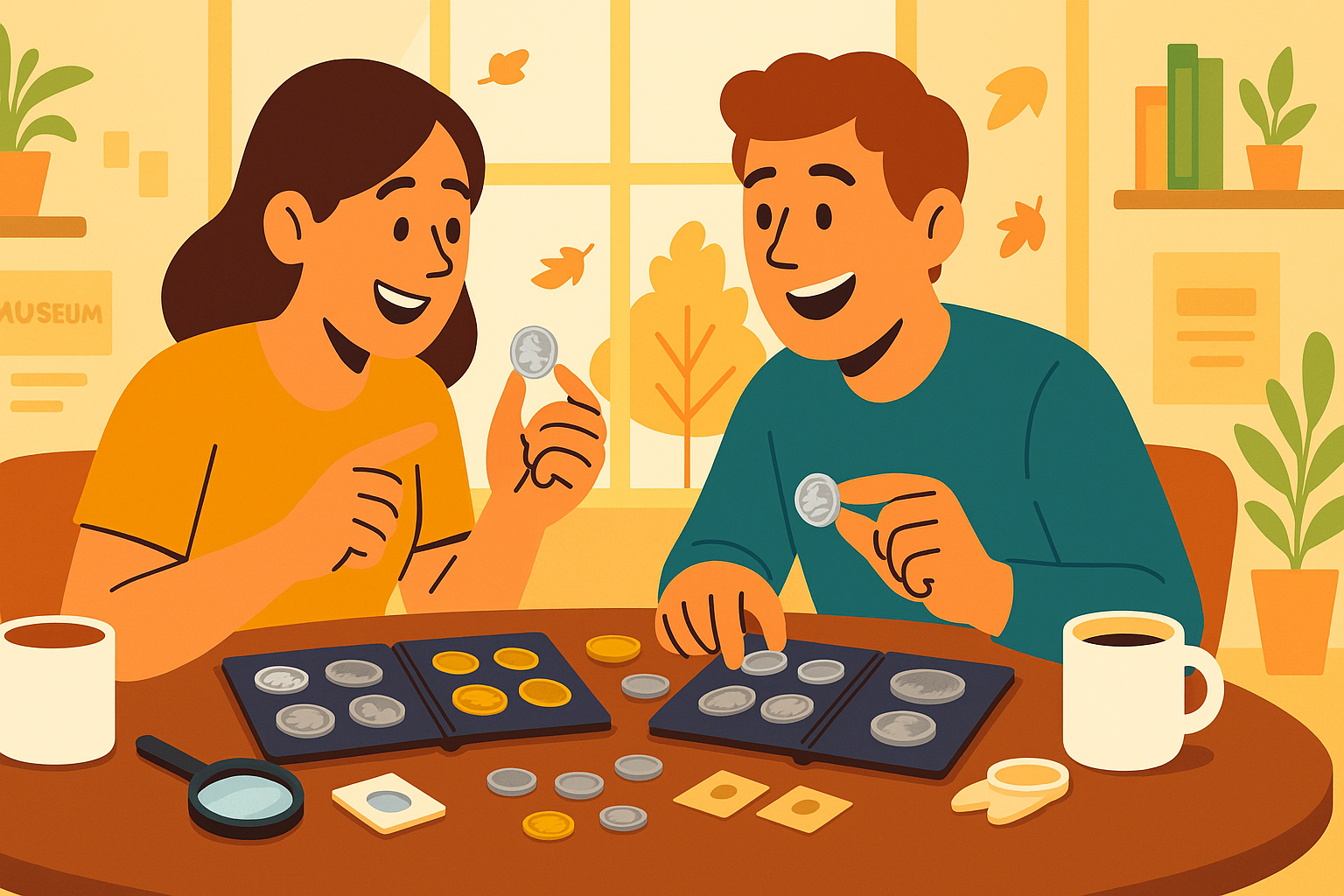 Two friends at the coffee table share their collections of nickels.